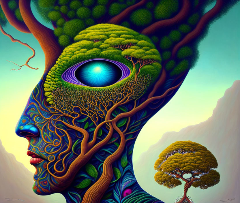 Surreal portrait: human face merges with tree, eye-like pond, branch-like facial patterns,