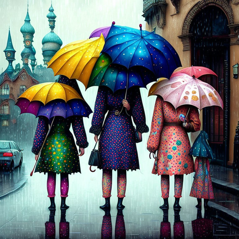 Four people with colorful umbrellas in the rain by ornate building