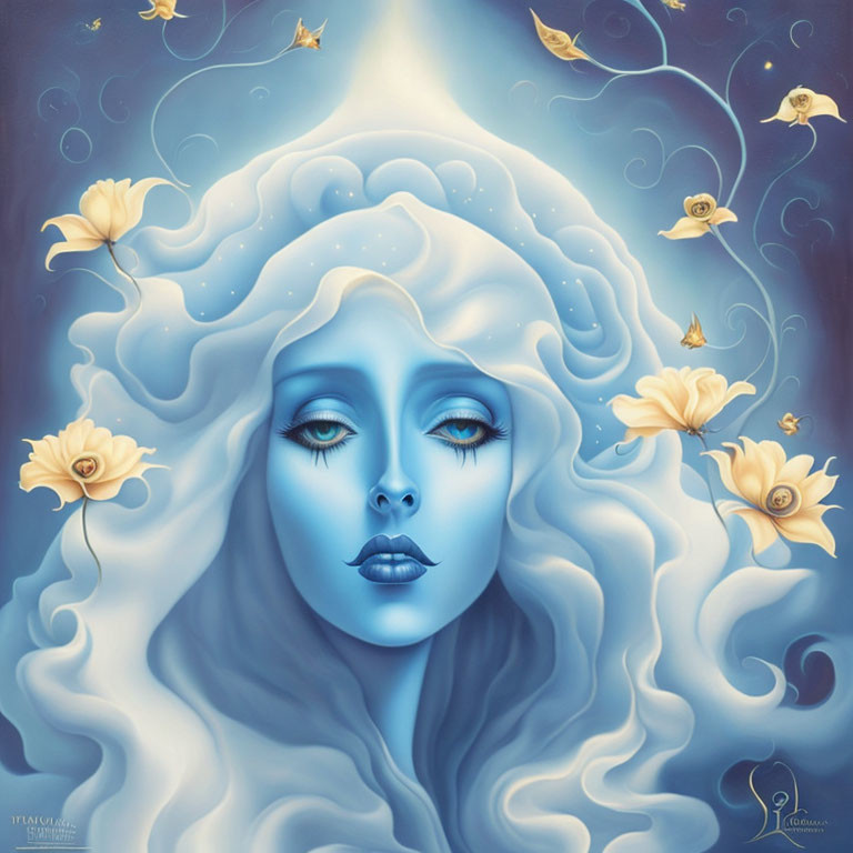 Surreal female figure with blue hair, yellow flowers, and doves on blue background