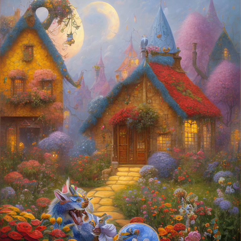 Thatched roof cottage with moonlit tea party and rabbits