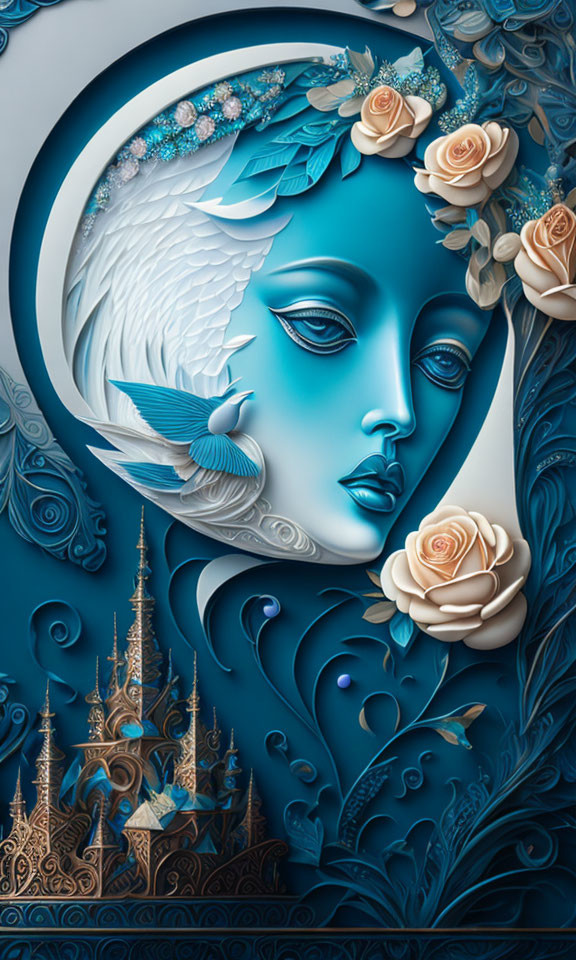 Stylized female figure with blue patterns, roses, bird, and golden castles