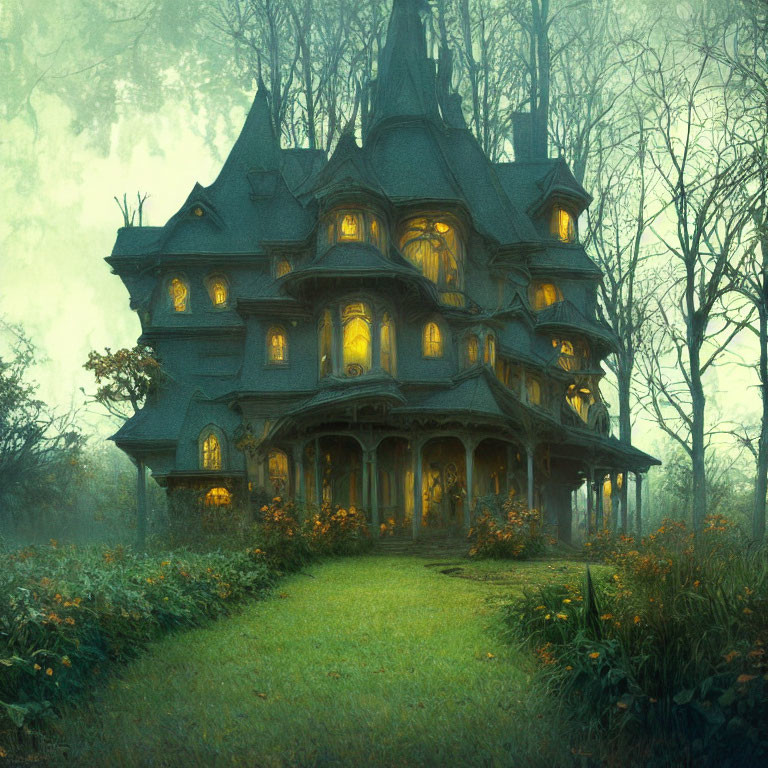 Victorian house with warm lights in misty forest at dusk