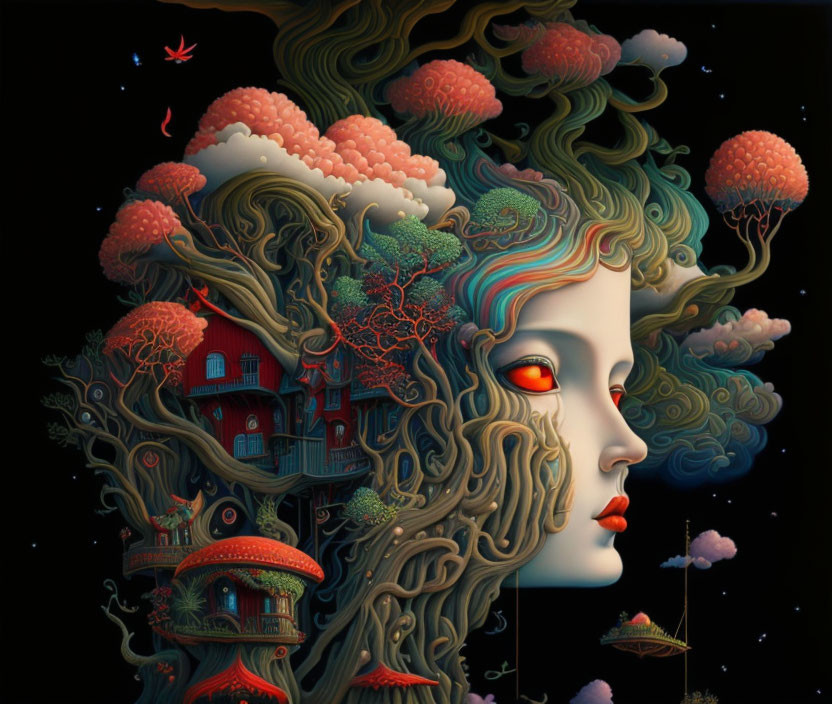 Surrealist woman's profile with hair as fantastical landscape