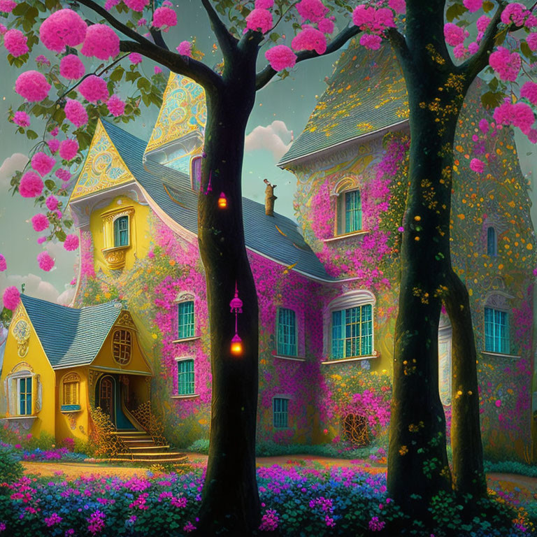 Fairy-tale house with pink blooms, lush garden, and glowing light