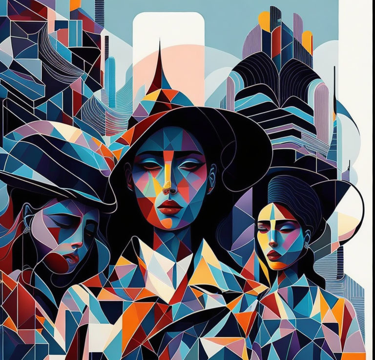 Vibrant geometric digital artwork of stylized female faces and abstract architectural shapes