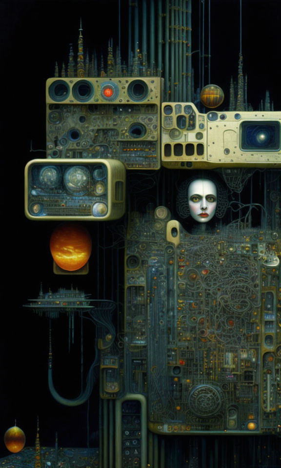 Surreal artwork featuring humanoid face, machinery, planets, and space.