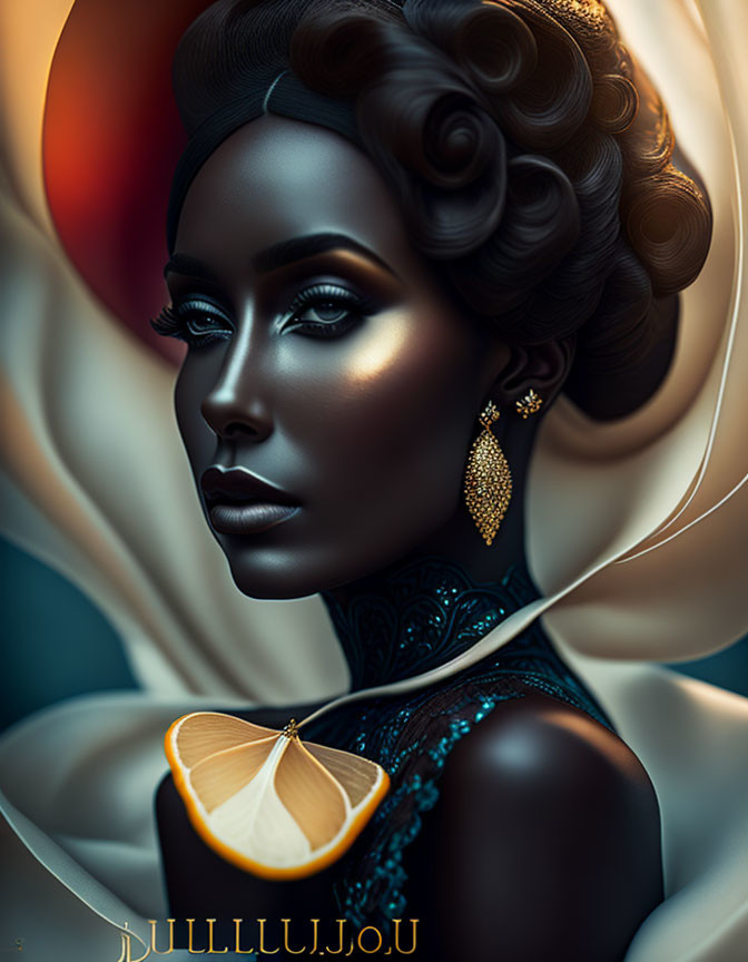 Stylized portrait of woman with dramatic makeup and lemon slice.