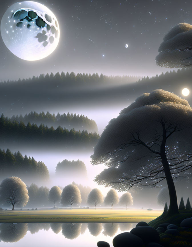 Misty forest nightscape with moon, stars, and illuminated trees