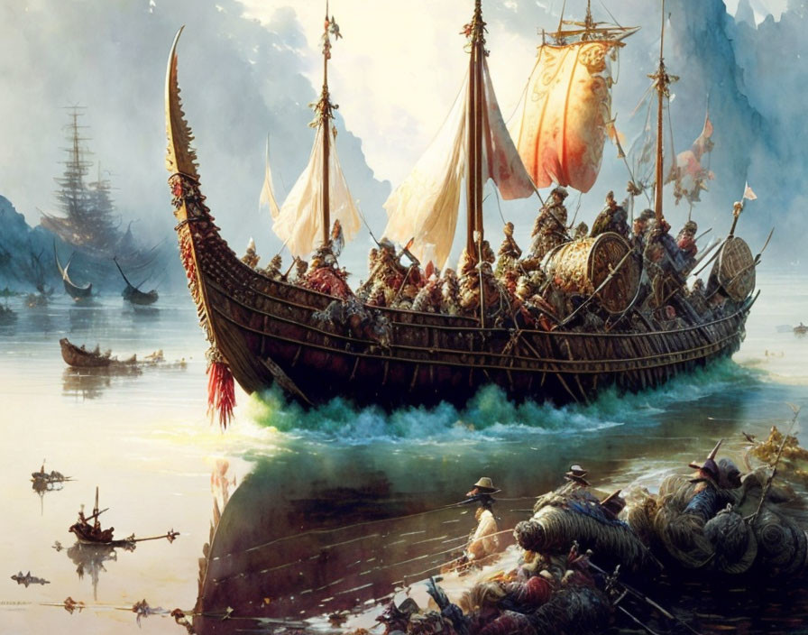 Ancient Viking ship with warriors on calm sea, mountains, debris, and shields.