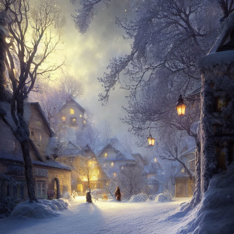 Snow-covered winter village scene with glowing street lamps and horse-drawn sleigh