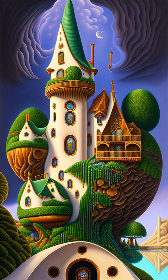 Whimsical towers in lush green landscape under crescent moon