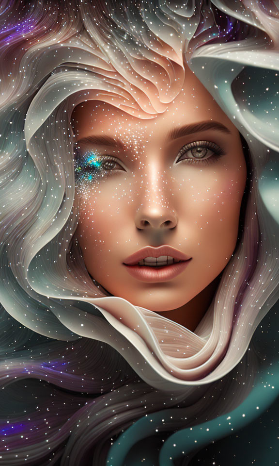 Cosmic-themed fantasy portrait with flowing hair and nebulae patterns