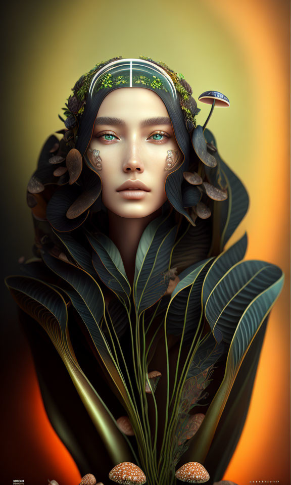 Digital artwork: Woman with blue eyes and botanical headdress on warm gradient.