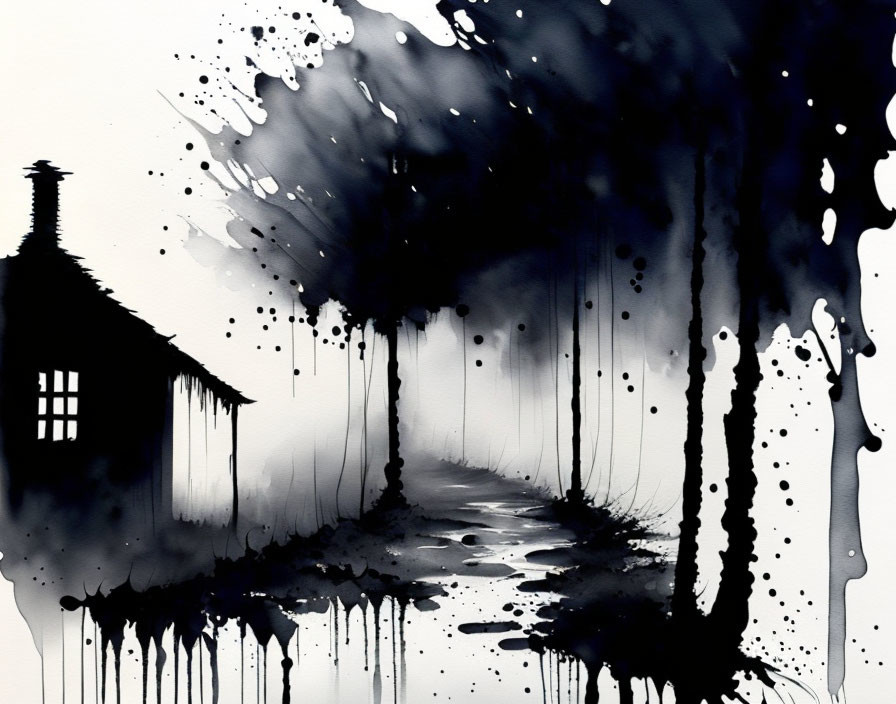 Monochrome watercolor painting of a house with a lighted window and path in dripping ink style