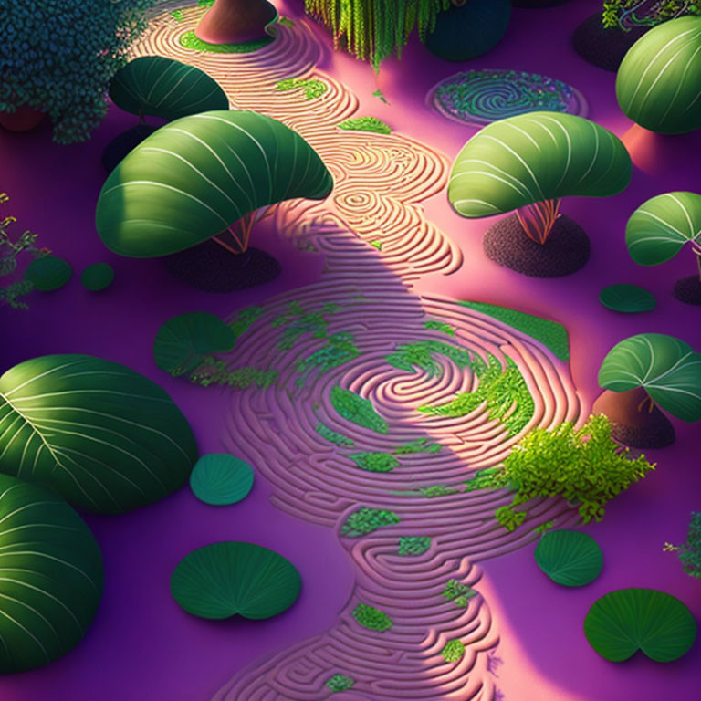 Colorful digital artwork of fantastical garden with swirl-patterned paths and oversized leaf structures on purple ground