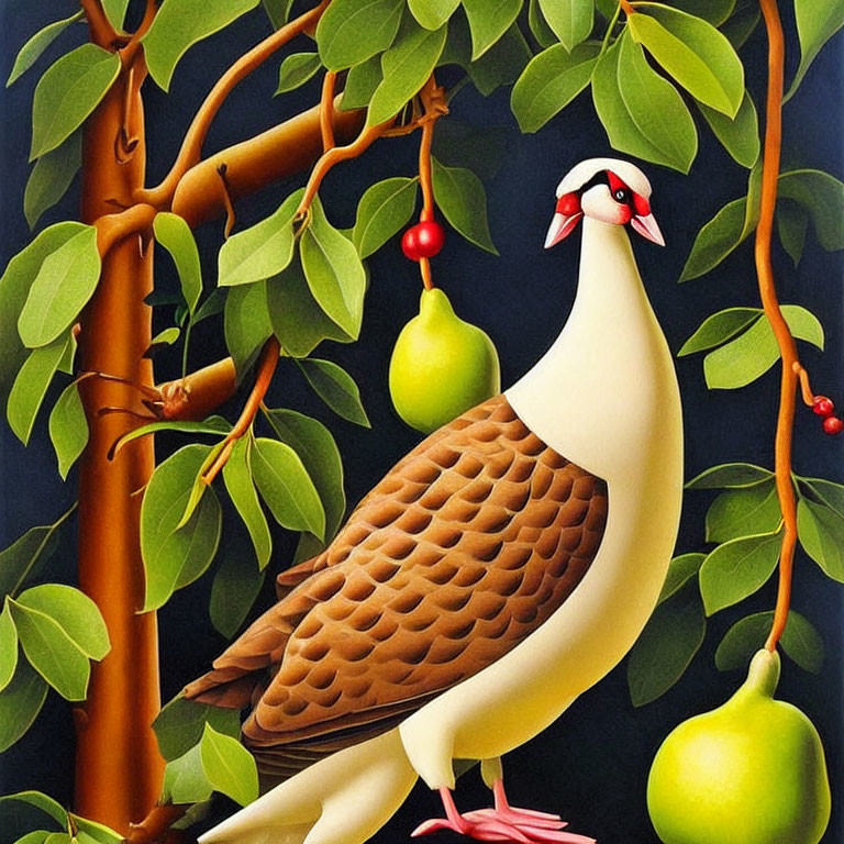 Stylized bird with red and white head on branch with green leaves and yellow fruits