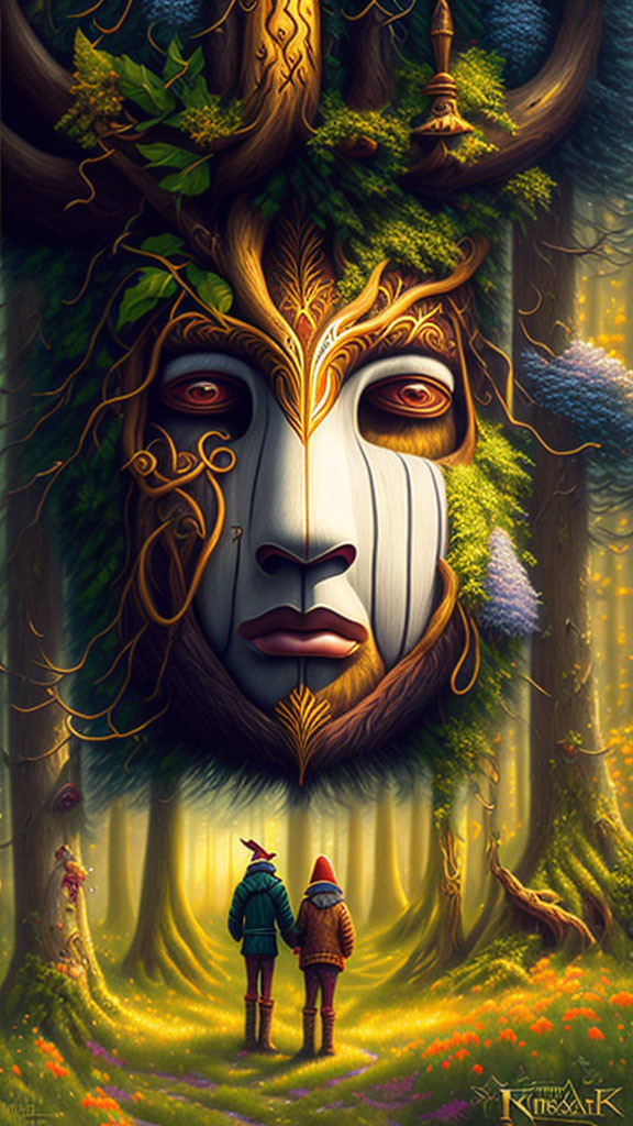 Illustration of giant tree-like face in lush forest with small figures - mystical ambiance