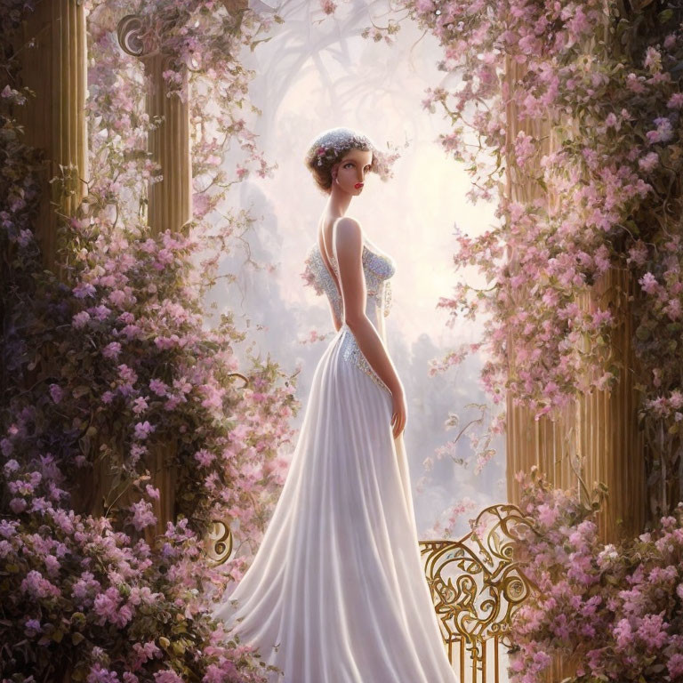 Woman in white gown by balcony surrounded by pink flowers and sunlight.