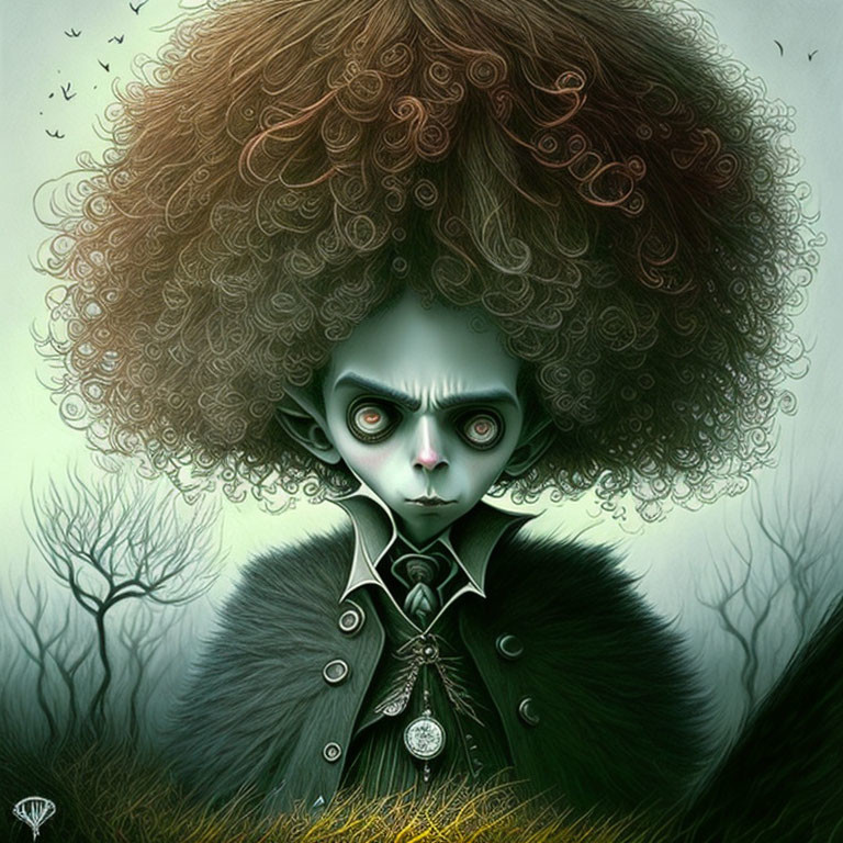 Character with pale skin and afro in Victorian attire on greenish backdrop