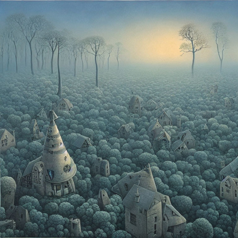 Surreal landscape with round bush-like structures and whimsical houses under hazy dawn sky