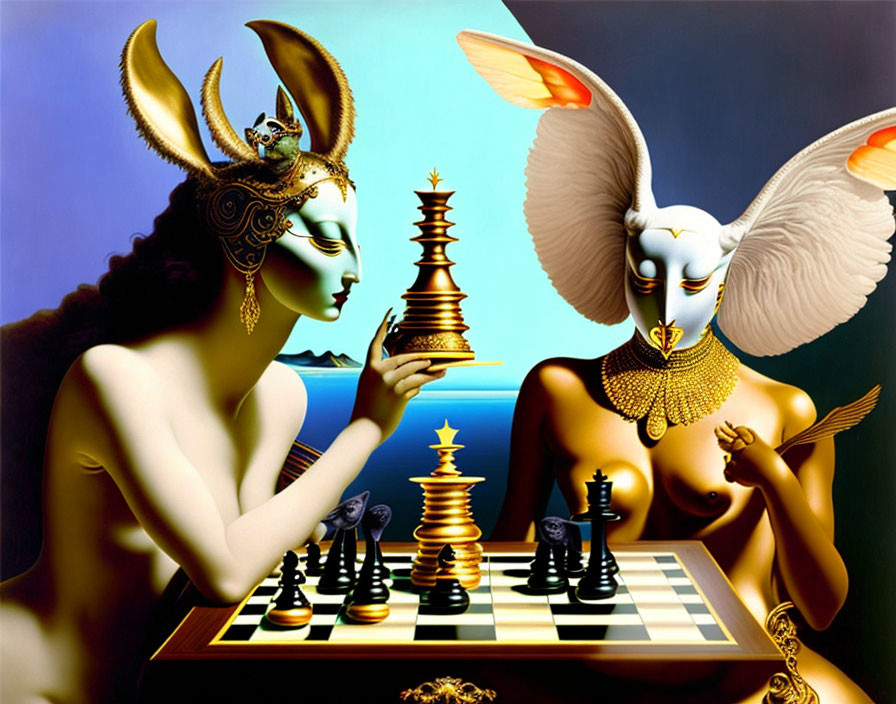 Surreal anthropomorphic figures in a chess game