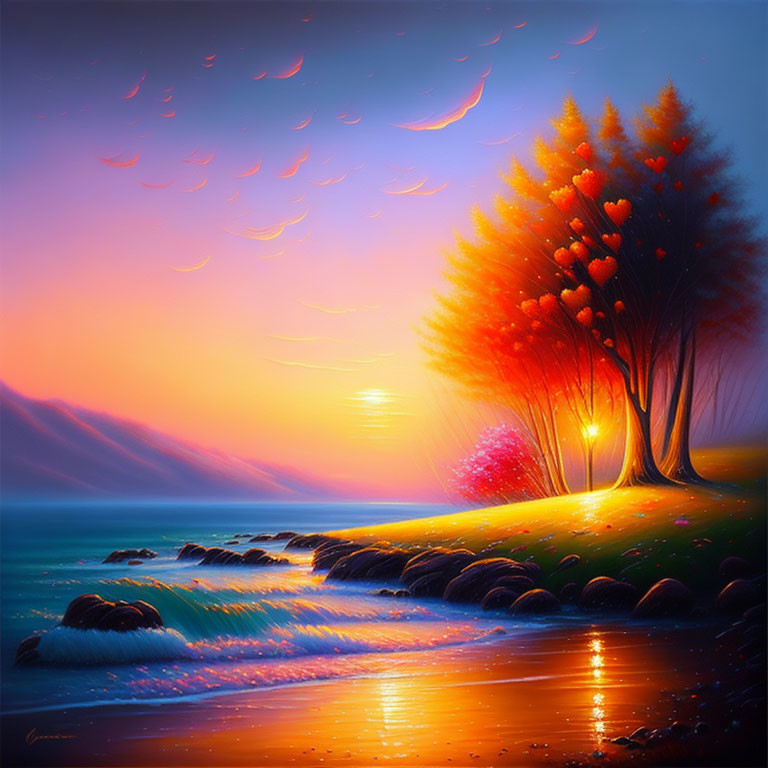 Colorful sunset painting with orange and blue sky, calm sea, rocky shore, and heart-shaped leaf