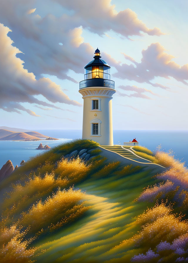 Lighthouse on grassy hill at sunset with glowing light and calm sea