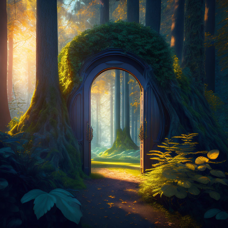 Mystical Forest Scene with Open Doorway and Sunlight