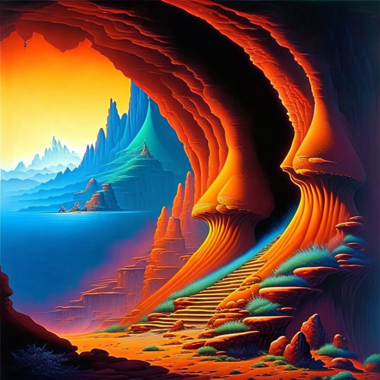 Colorful Surrealist Landscape with Orange Structures and Blue Spires