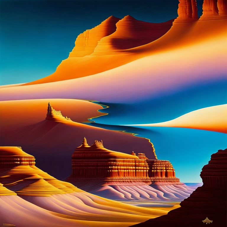 Colorful surreal desert landscape with smooth dunes and layered rock formations.