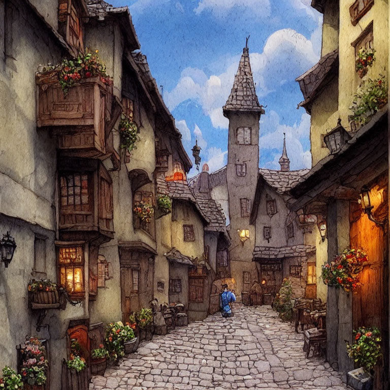 Cobblestone village street with timbered houses and flowers