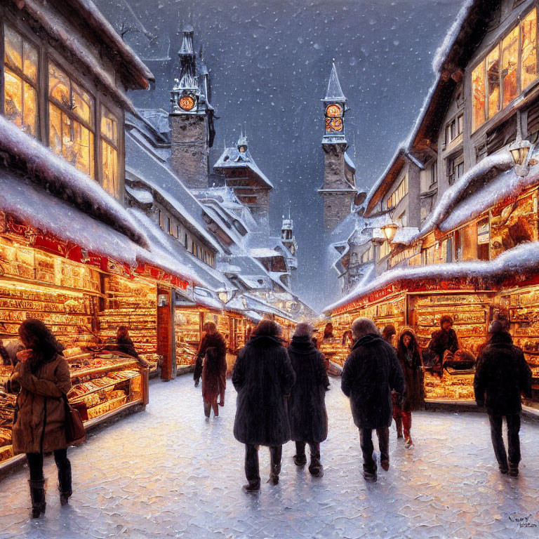 Snow-covered outdoor market with warmly lit stalls and clock towers in winter scene