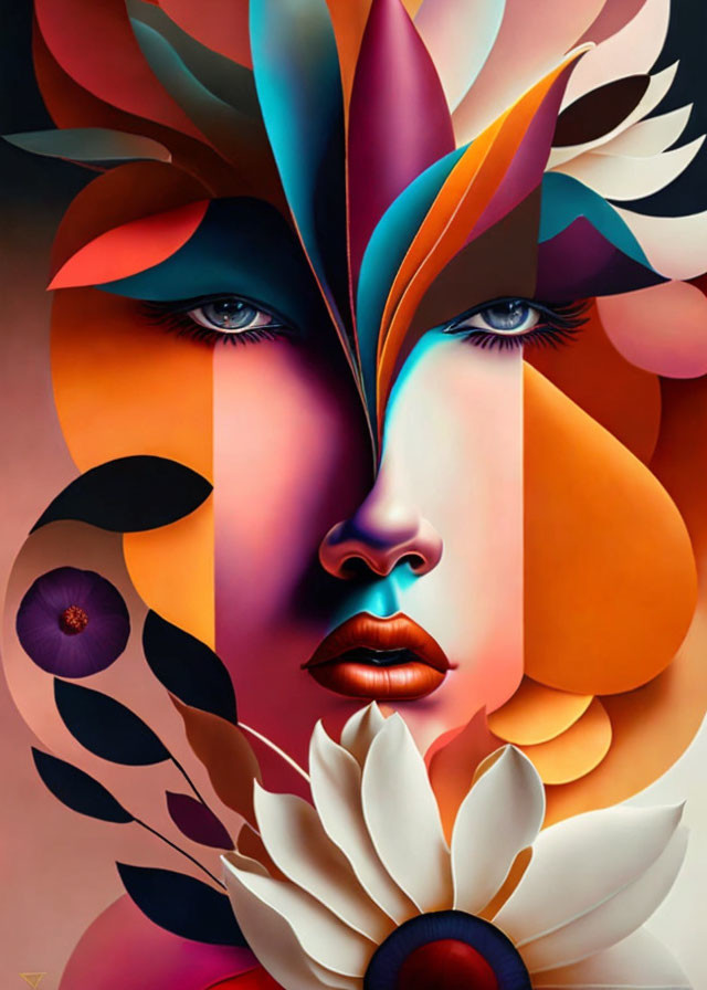 Colorful surreal artwork: Female face with floral elements