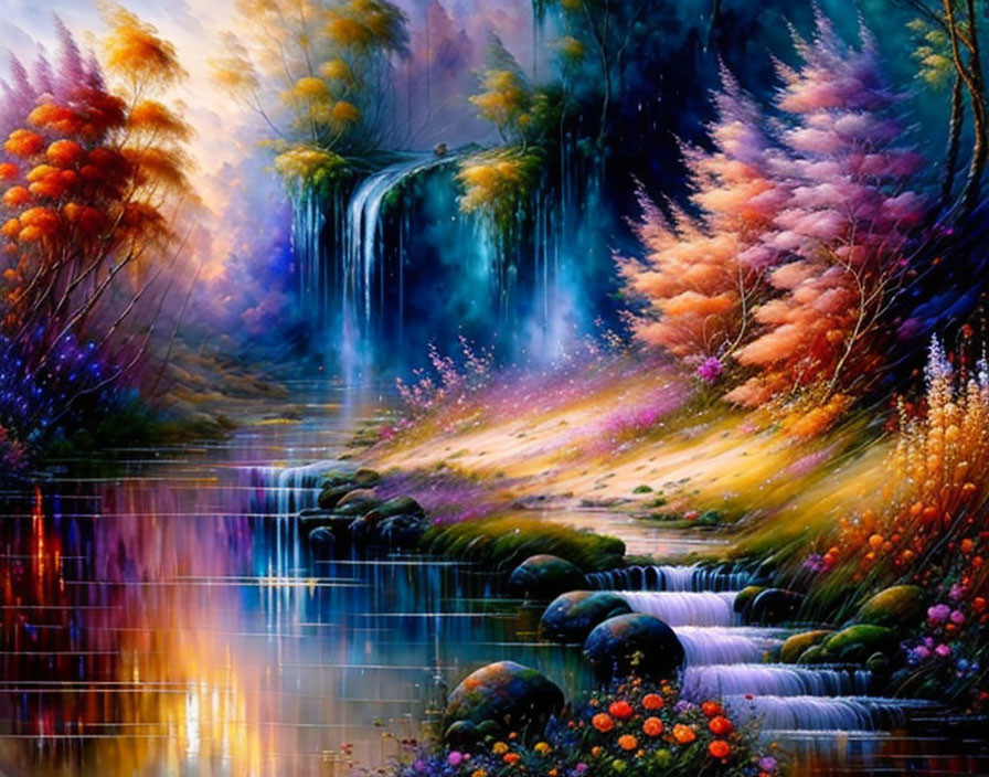 Fantasy landscape painting with waterfalls, river, and lush flora