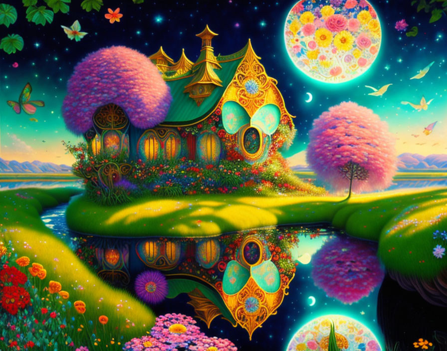 Colorful Fantasy Landscape with Ornate House, Pink Trees, Moons, and Serene Lake