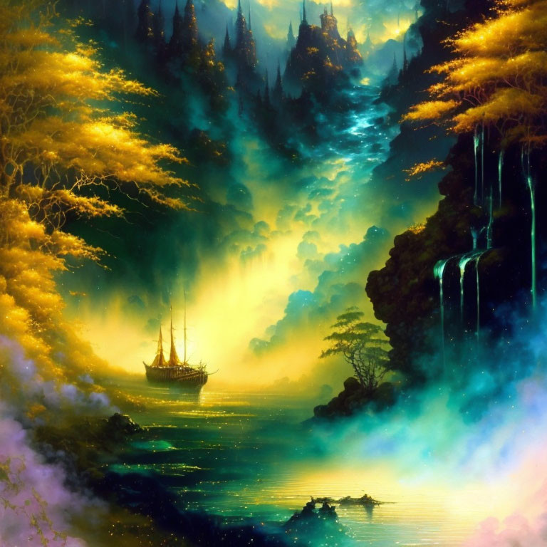 Ethereal landscape with ship, waterfalls, glowing trees & mist