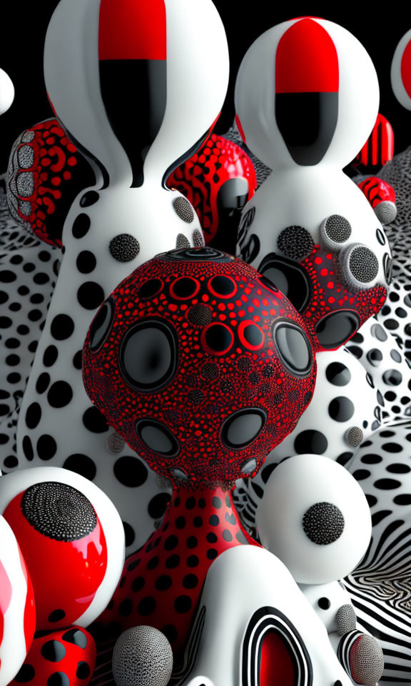 Colorful Abstract Art: Red, Black, and White Circles and Polka Dots