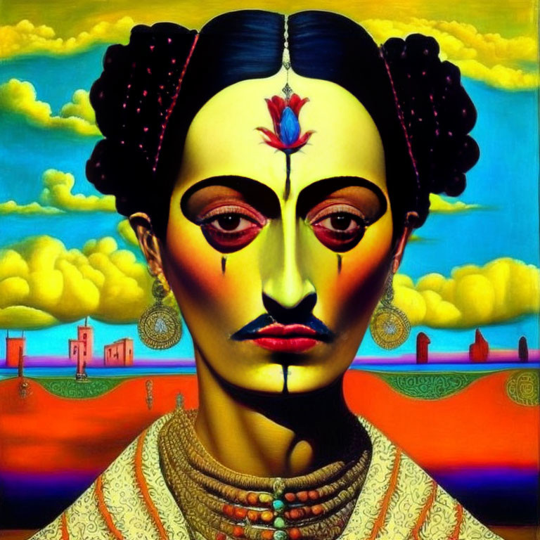 Stylized portrait of woman in traditional attire against surreal landscape