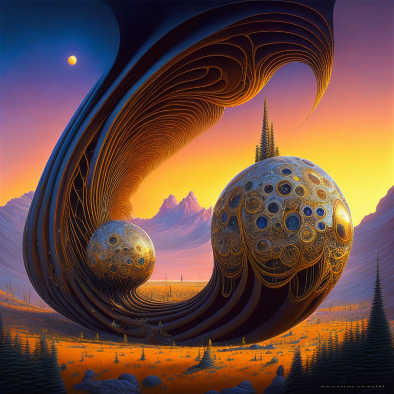 Swirling Patterns and Orb-like Structures in Surreal Landscape