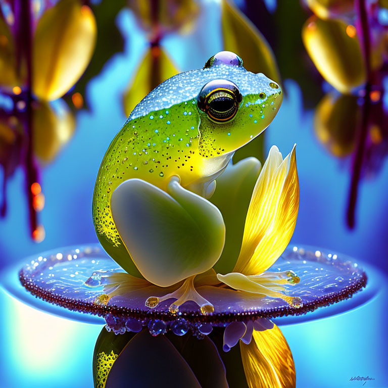 Green Frog on White and Yellow Flower with Water Droplets in Blue Background