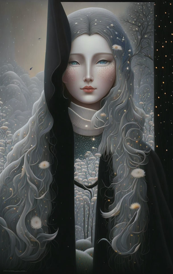 Silver-haired female surrounded by night sky and floral patterns.