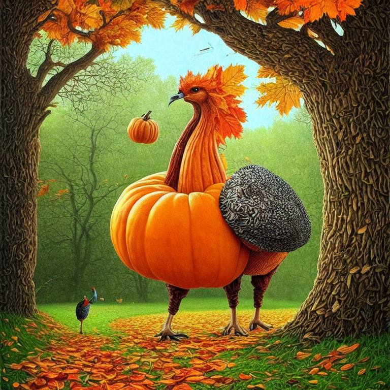 Pumpkin-bodied creature with avian legs in autumn setting