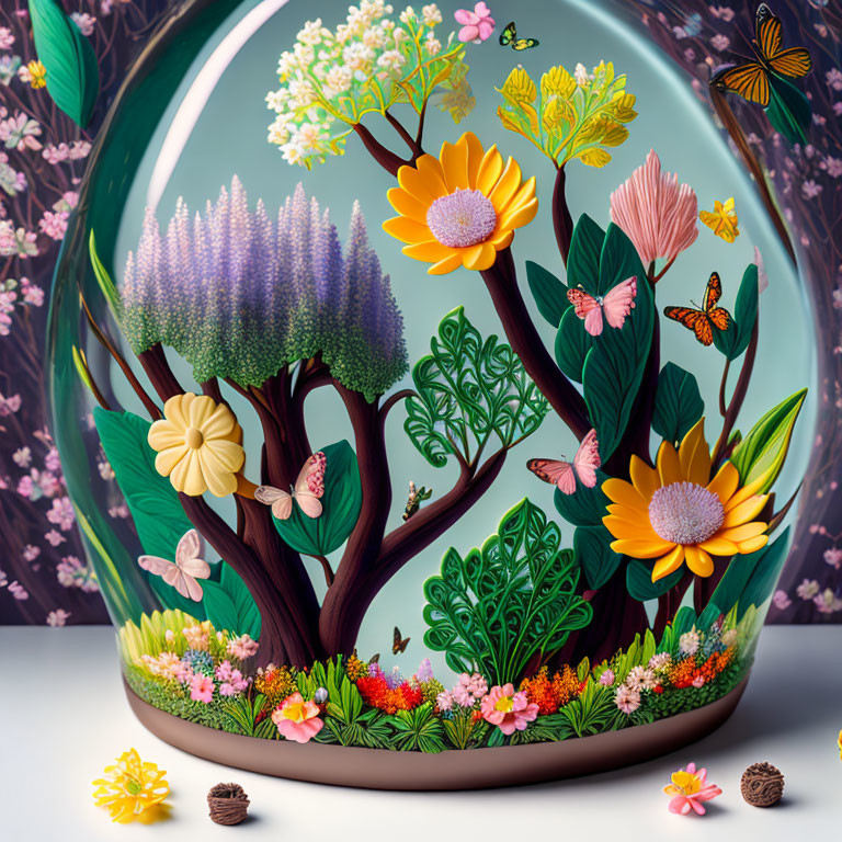 Whimsical forest scene with flowers, trees, butterflies in oval frame