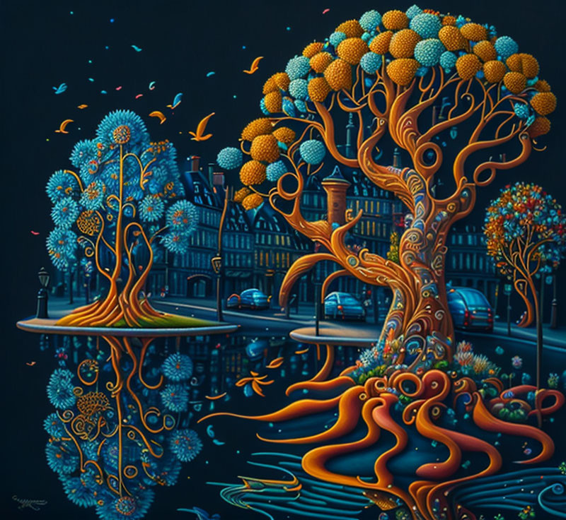 Colorful surreal tree with golden foliage and blue flowers in underwater scene