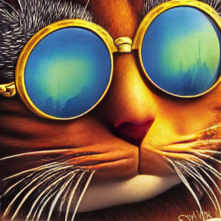 Cat illustration with human-like features and red lips in round sunglasses