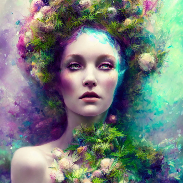 Colorful Portrait of Woman with Foliage Crown and Ethereal Background