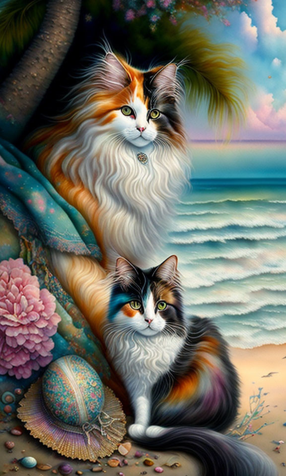 Vibrant fluffy cats with striking markings on serene beach at twilight