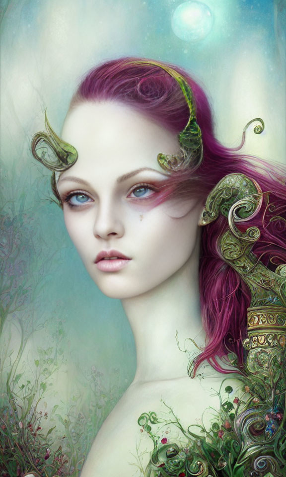 Digital artwork of woman with purple hair and fantasy armor, adorned with green horn-like structures.