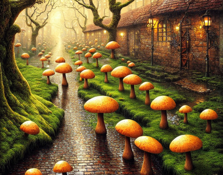 Mystical forest with cobblestone path and oversized mushrooms leading to ancient stone house