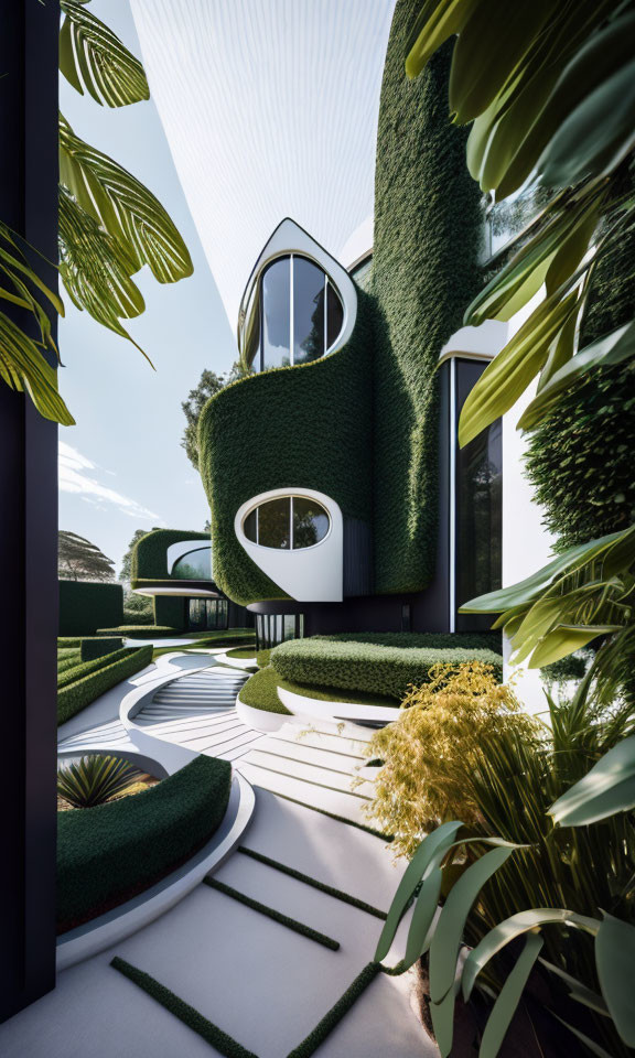 Modern building with green ivy walls, circular windows, and manicured gardens under blue sky